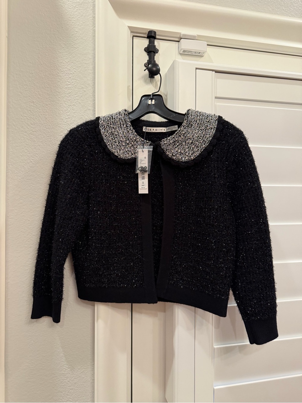 Alice + Olivia New Sparkle Black Cropped Cardigan with Silver Collar. Size XS - Picture 3 of 5